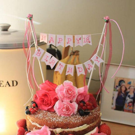 Happy Birthday Cake Bunting Topper - Handmade Cotton Banner With Wood Poles & Pink Roses, Cake Decor Garland - View #8