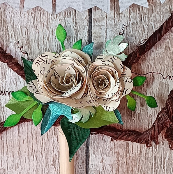 Book rose Just Married Rustic heart wedding cake topper bunting