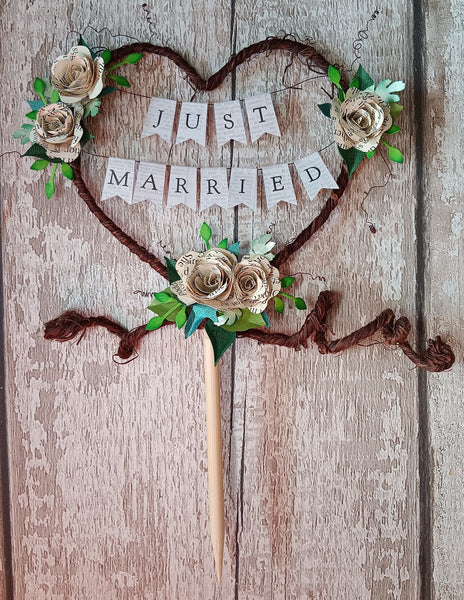 Book rose Just Married Rustic heart wedding cake topper bunting