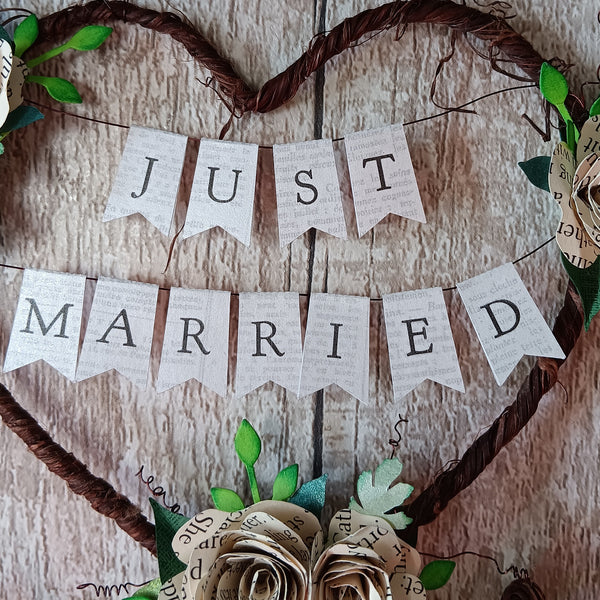 Book rose Just Married Rustic heart wedding cake topper bunting