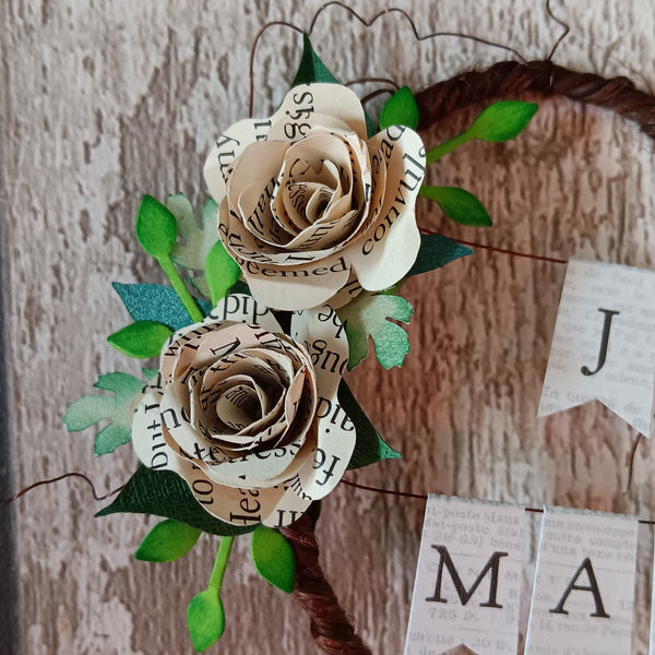 Book rose Just Married Rustic heart wedding cake topper bunting