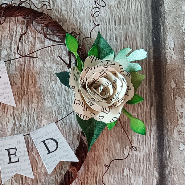 Book rose Just Married Rustic heart wedding cake topper bunting