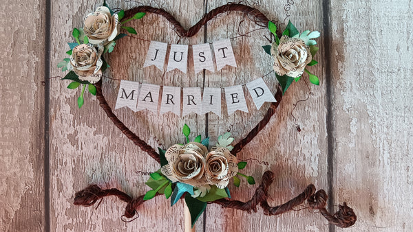 Book rose Just Married Rustic heart wedding cake topper bunting