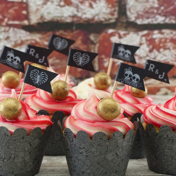 Red & white Skull flags 50 Mini flag Party cup cake topper