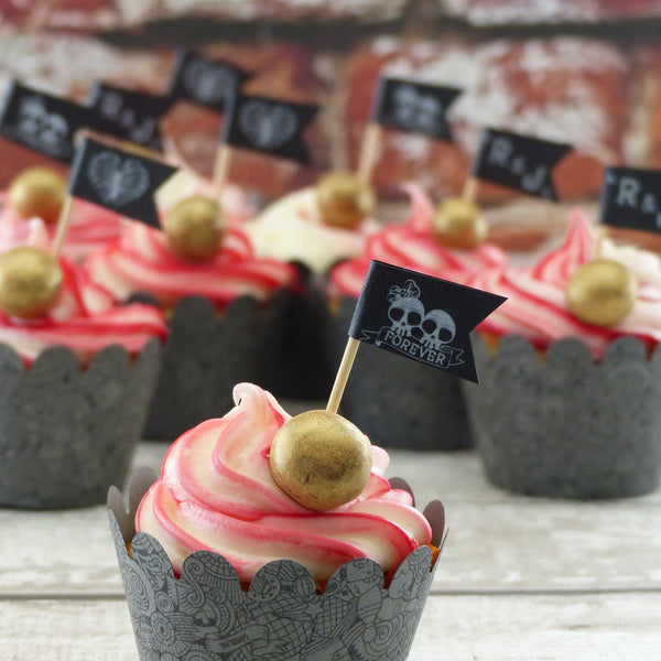 Black & white Skull flags 50 Mini flag Party cup cake topper