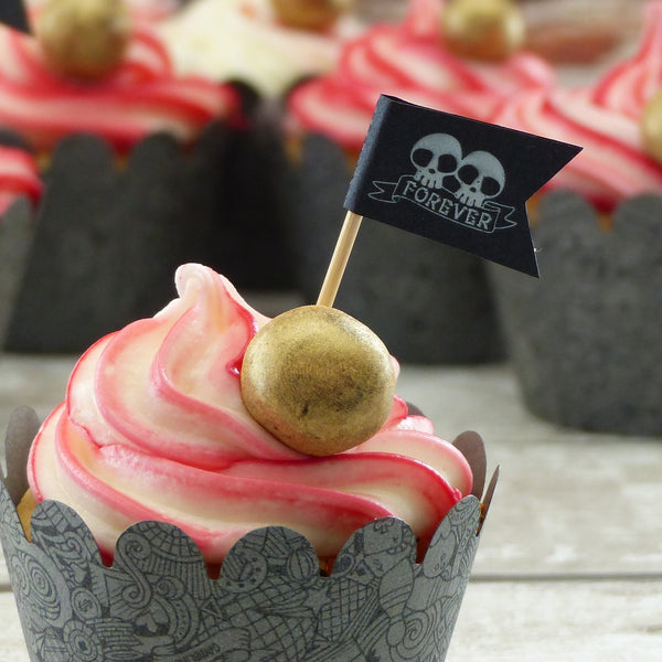 Black & white Skull flags 50 Mini flag Party cup cake topper