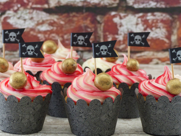 Skull & cross bones flags 50 Mini flag Party cup cake topper - you can personalise them