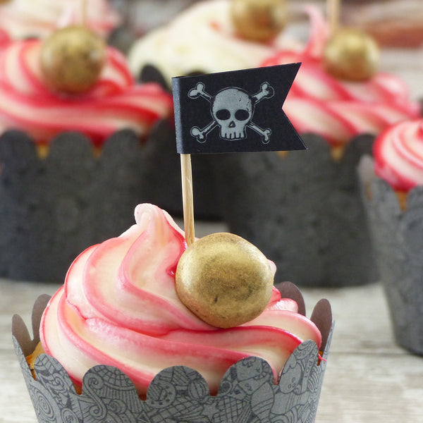 Skull & cross bones flags 50 Mini flag Party cup cake topper - you can personalise them