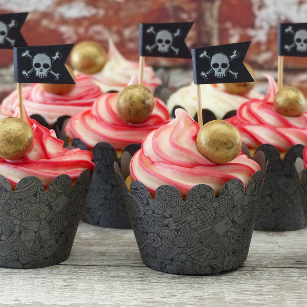 Skull & cross bones flags 50 Mini flag Party cup cake topper - you can personalise them