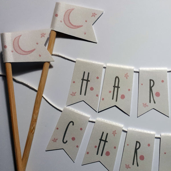 Pink moon & stars Christening cake bunting