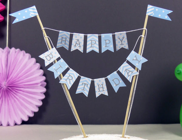 Striped Baby blue Birthday cake bunting