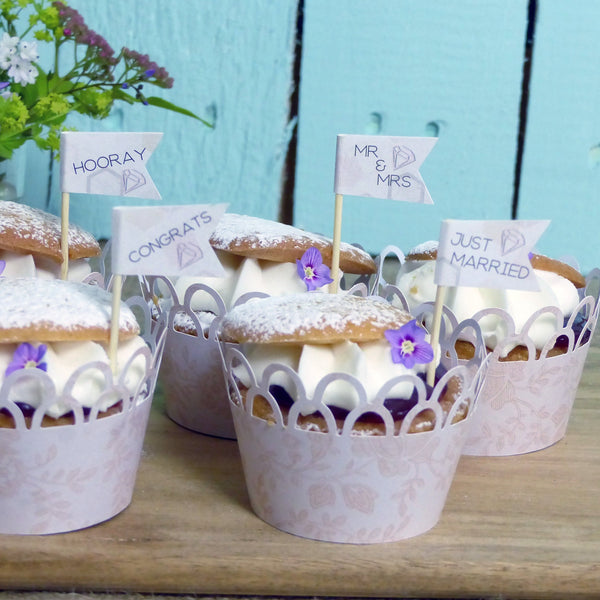 Diamond Wedding cupcake topper personalised Mr & Mrs blush cake flags