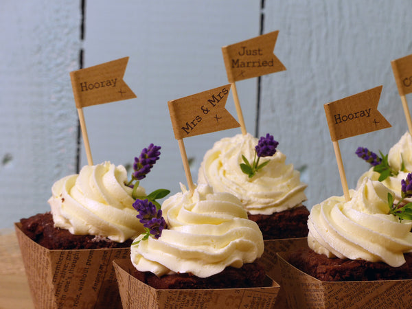 Mrs & Mrs wedding cupcake flag rustic