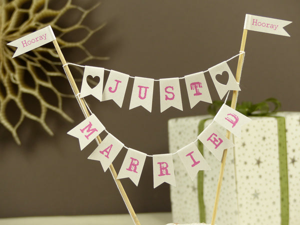 Just married pink wedding cake bunting
