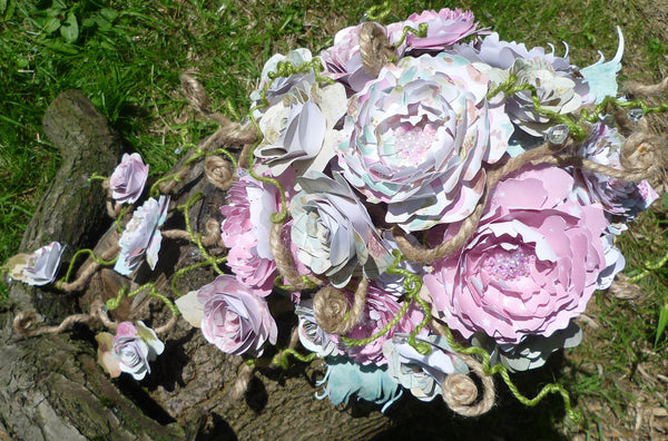 Paper flower rambling roses and peony cascade bridal bouquet