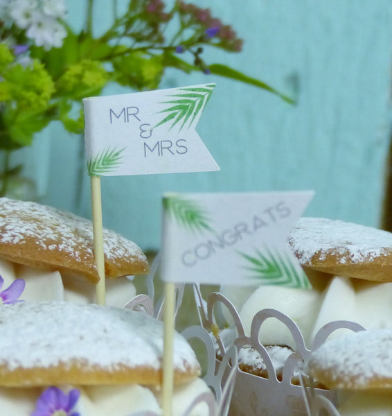 Tropical leaf wedding cupcake flag