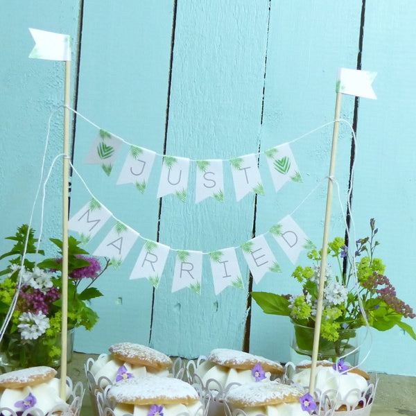 Tropical leaf Just Married cake topper Wedding cake bunting