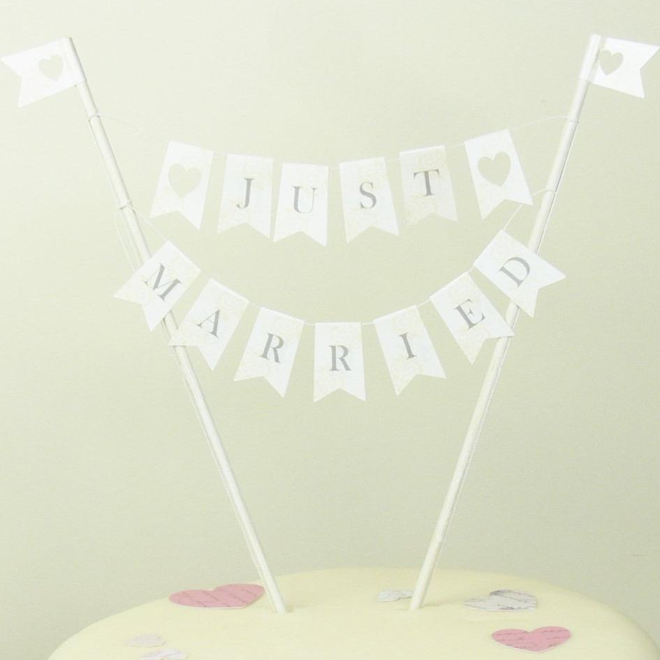 ivory and slate just married cake bunting