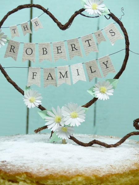 The 'new' Family Rustic heart Wedding cake topper Personalised name bunting