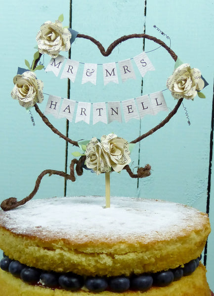 Paper rose rustic heart cake decor