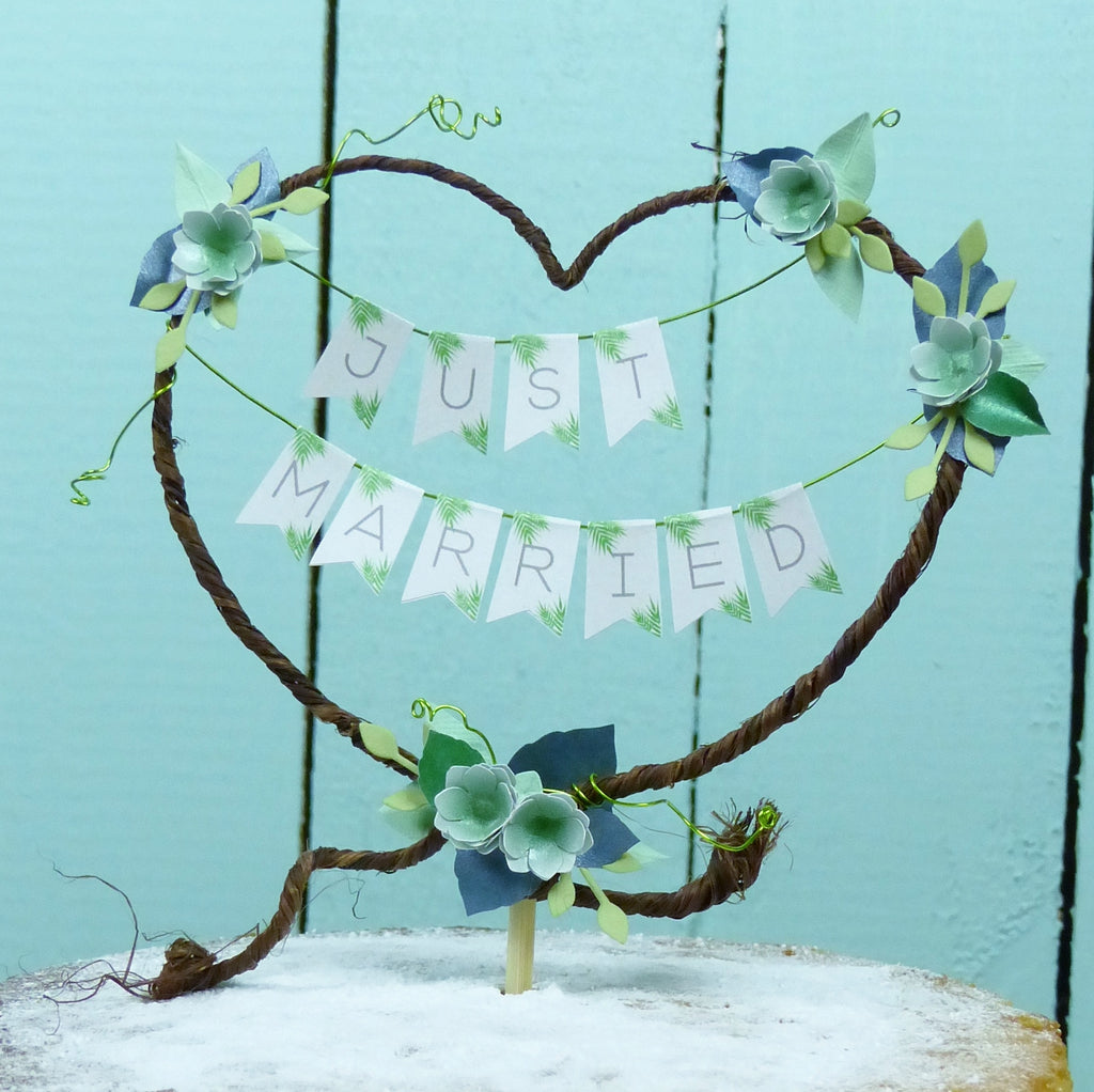 Succulent Just Married Rustic heart wedding cake topper bunting
