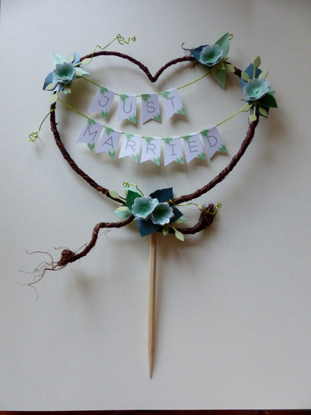 Succulent Just Married Rustic heart wedding cake topper bunting