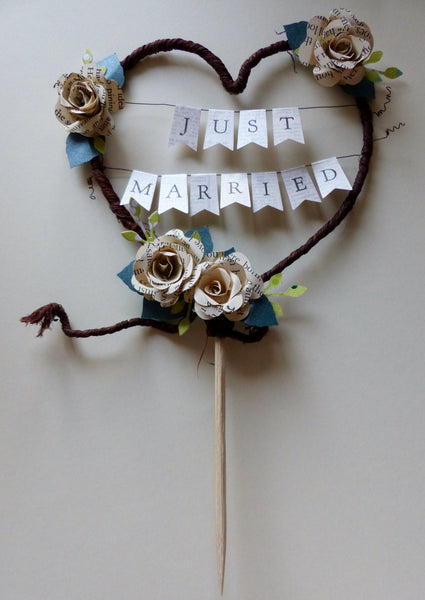 Book rose Just Married Rustic heart wedding cake topper bunting