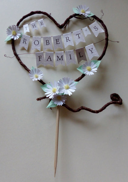 The 'new' Family Rustic heart Wedding cake topper Personalised name bunting