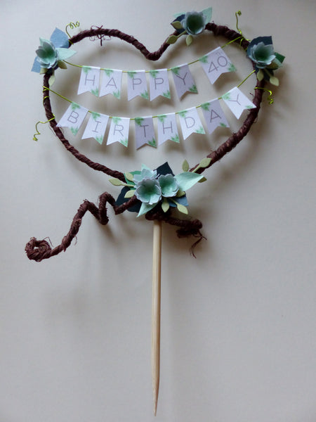 Greenery & rustic heart Birthday cake topper Personalised age bunting