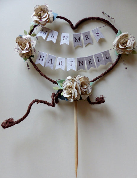 Mr and Mrs new married name Rustic heart cake topper Personalised name bunting