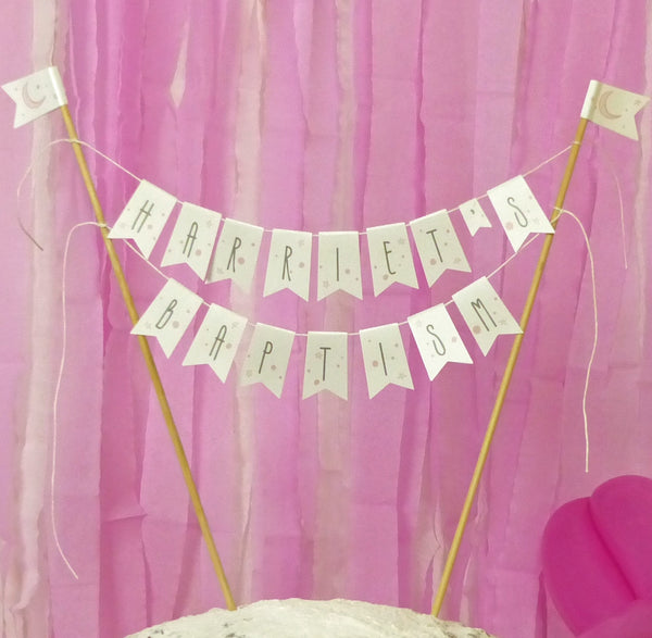 Pretty pink Moon & stars personalised Baptism cake bunting