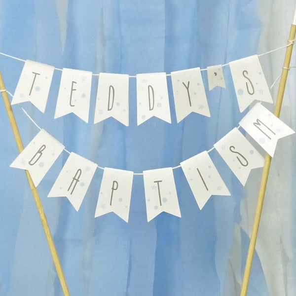 Blue white & grey Modern style stars & moon Baptism bunting