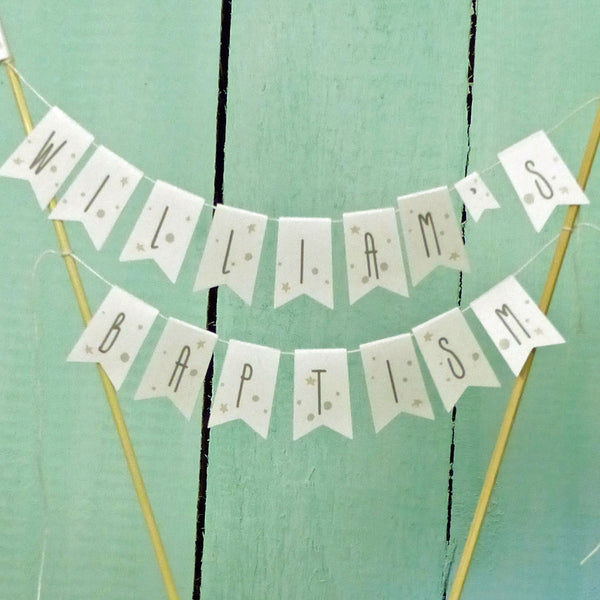 Warm grey Moon & stars personalised Baptism cake bunting