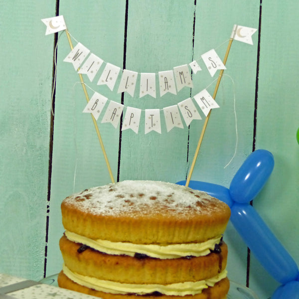 Warm grey Moon & stars personalised Baptism cake bunting