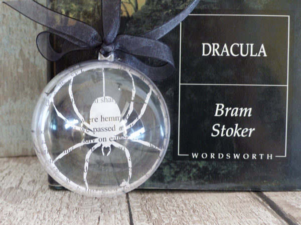 Trio of paper cut silhouettes from Dracula paper bauble Whitby Abbey, Howling wolf & spider