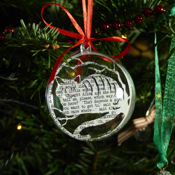Cheshire cat paper cut bauble made from bookpage red ribbon playing card charm