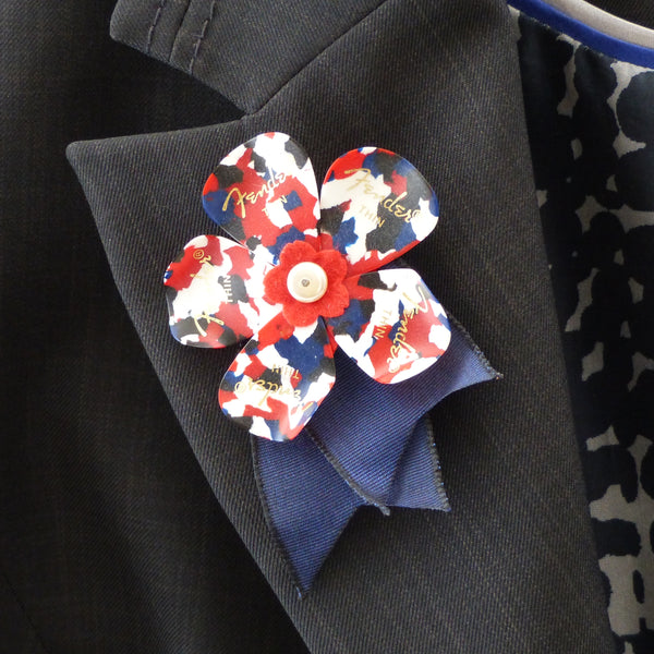red white & blue fender guitar pick buttonhole
