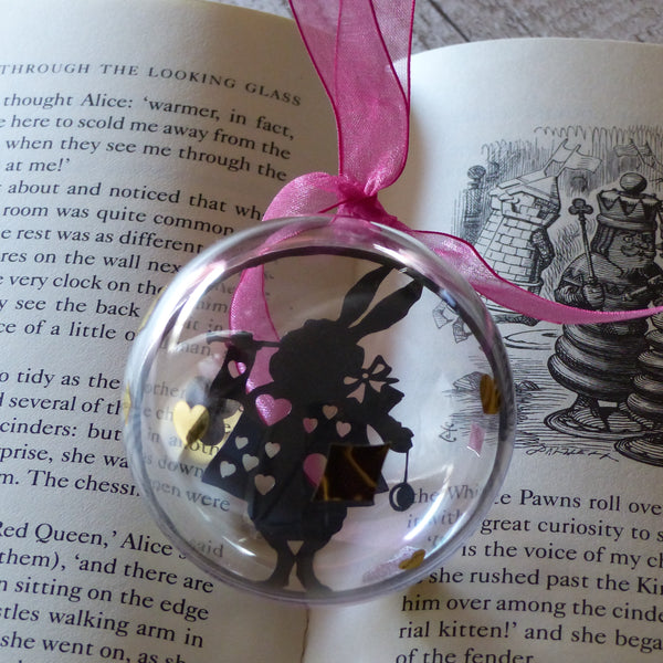 The white rabbit black silhouette from wonderland paper cut bauble
