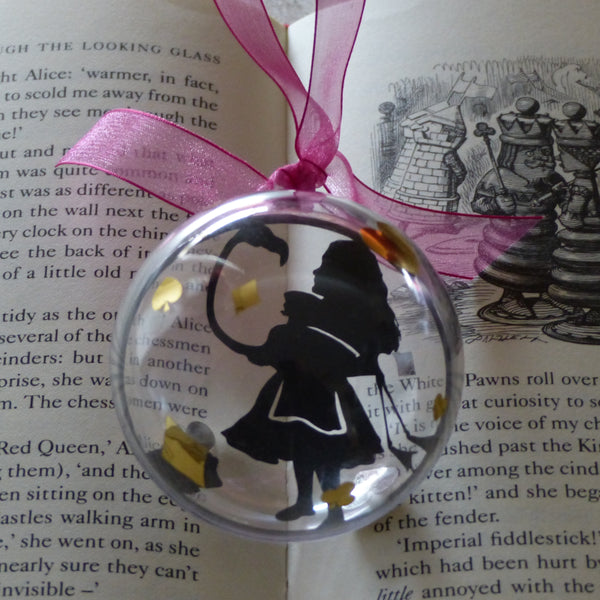 Quad of Alice in Wonder land paper cut silhouettes baubles The Cheshire Cat, Alice, The Mad Hatter & the White Rabbit