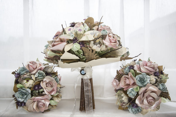 button & paper flower wedding bouquet