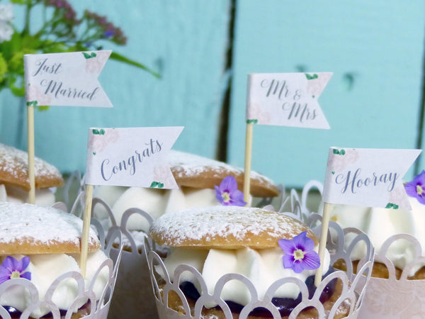 Blush Rose Wedding cupcake topper personalised Mr & Mrs cake flags
