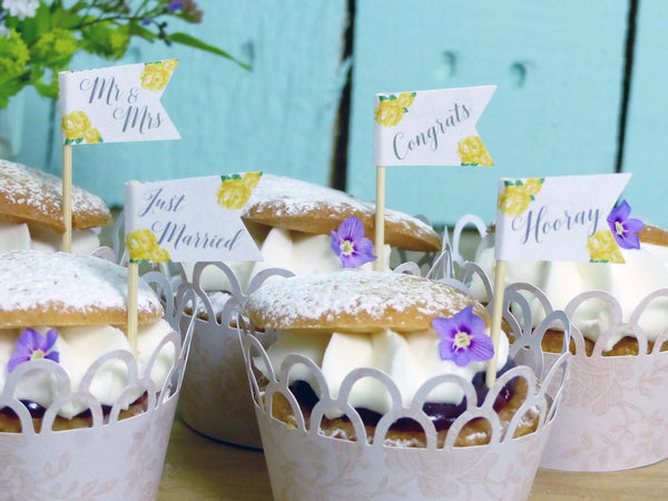 Yellow rose Wedding cupcake topper personalised Mr & Mrs cake flags